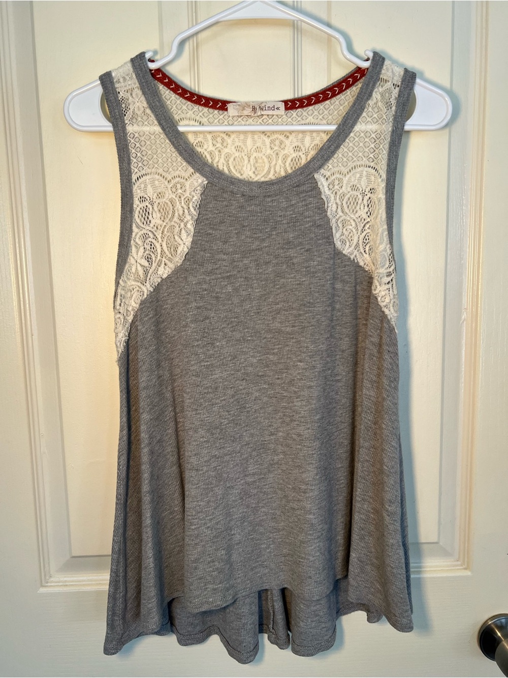 Rewind Gray Ribbed Lace Back Swing Tank Top Boho Sleeveless Tunic Size L